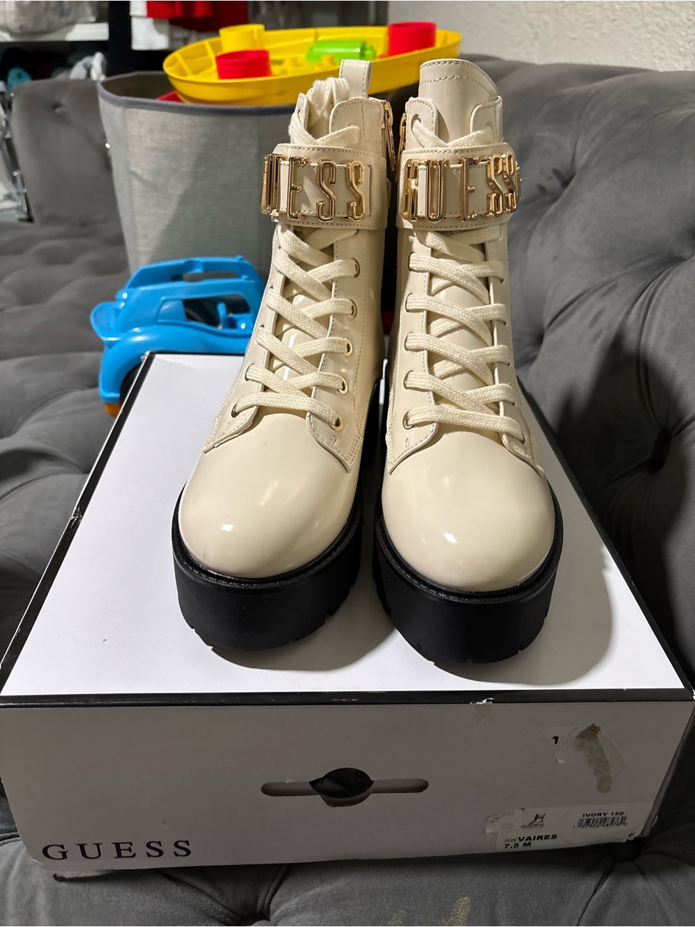 GUESS Cream Patent Platform Lace-Up Moto Boots with Gold Logo Strap